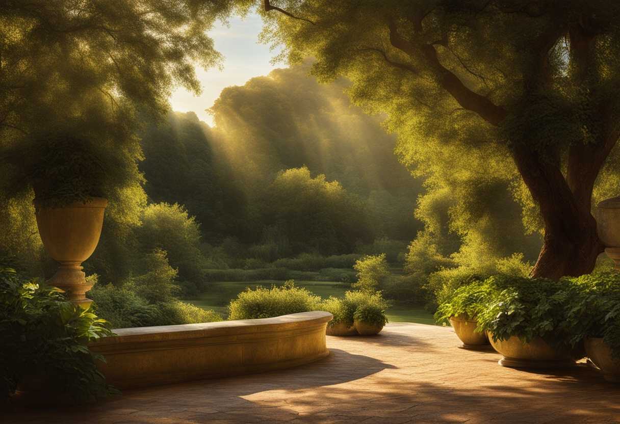 Morning-light-filters-through-lush-greenery-as-individuals-reflect-in-serene-gratitude_aovi