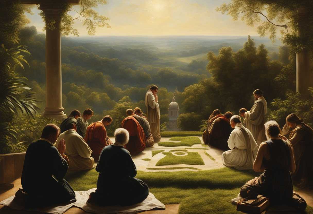 A-serene-morning-scene-of-individuals-in-prayer-surrounded-by-lush-greenery-and-soft-sunlight_vsul