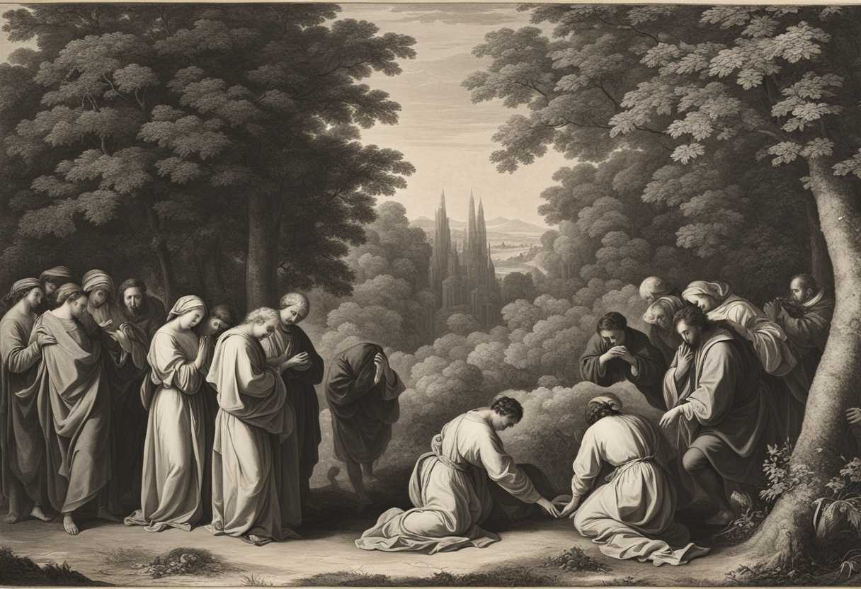 People-gather-in-a-tranquil-forest-clearing-heads-bowed-in-prayer-hands-clasped-united-in-faith_fndi