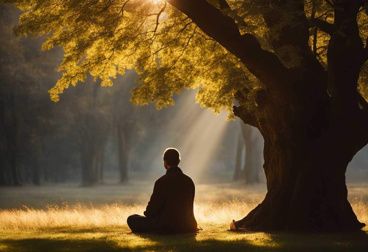 A-person-prays-under-sunlit-trees-embodying-tranquility-and-deep-connection-with-nature_byyu
