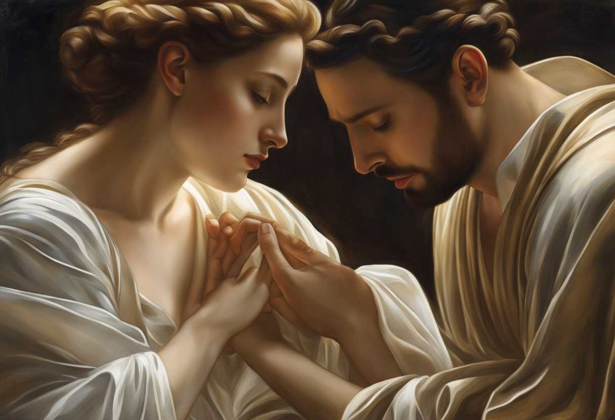 Serene-individuals-in-soft-morning-light-clasped-hands-eyes-closed-seeking-truth-in-nature_lrys