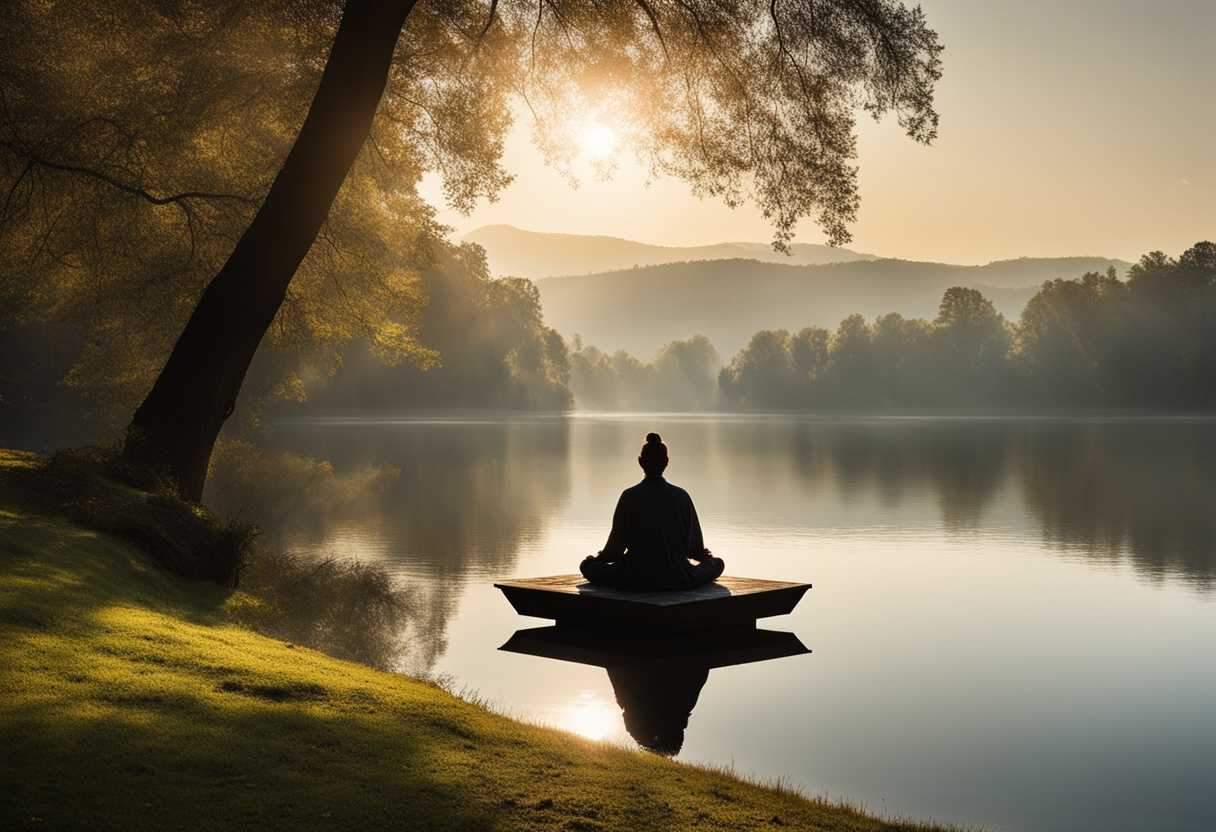 A-person-meditates-by-a-tranquil-lake-embraced-by-nature's-serene-morning-light_vmzg