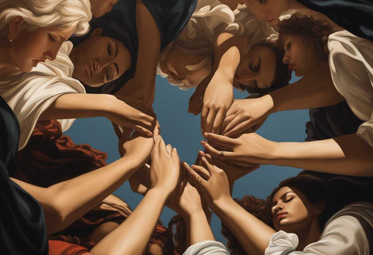 Diverse-women-in-a-circle-heads-bowed-in-prayer-hands-clasped-in-solidarity-under-sunlight_yeds