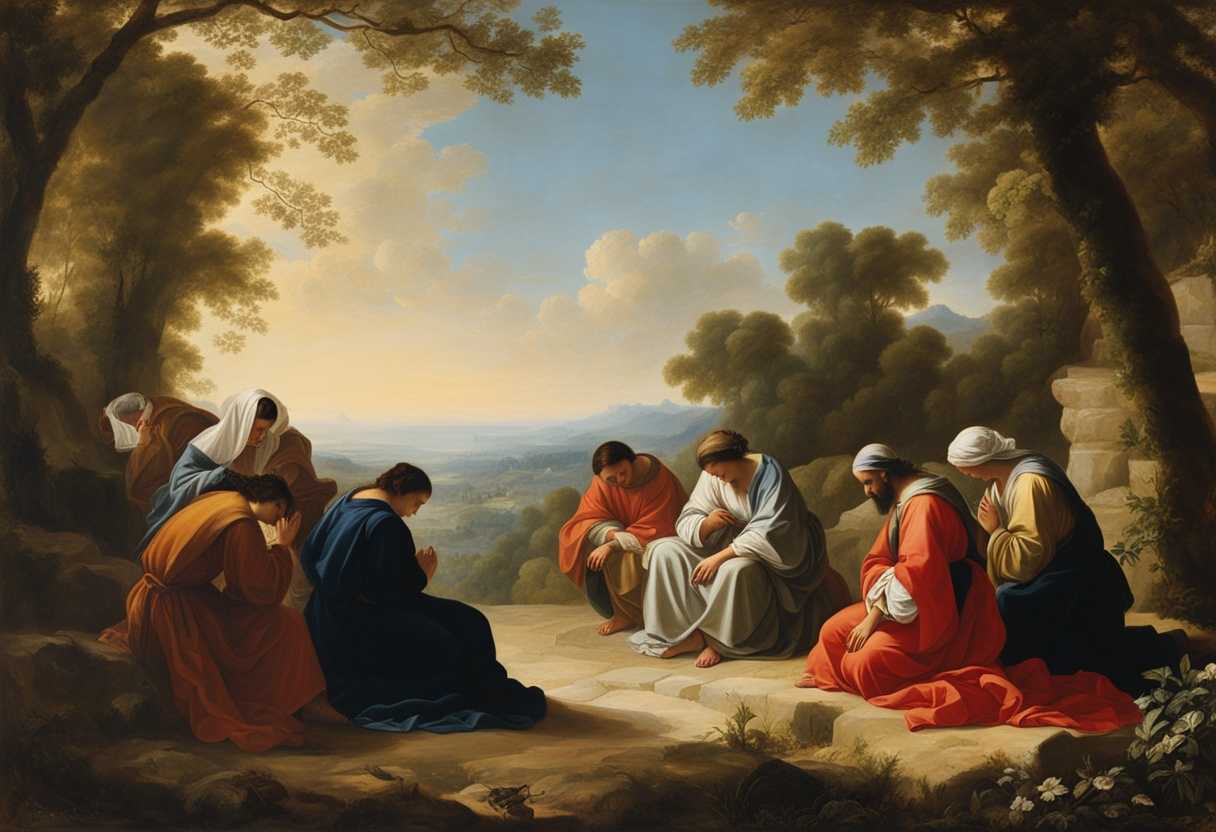 People-united-in-prayer-surrounded-by-nature's-tranquility-heads-bowed-in-faith-under-sunlight_bbwt
