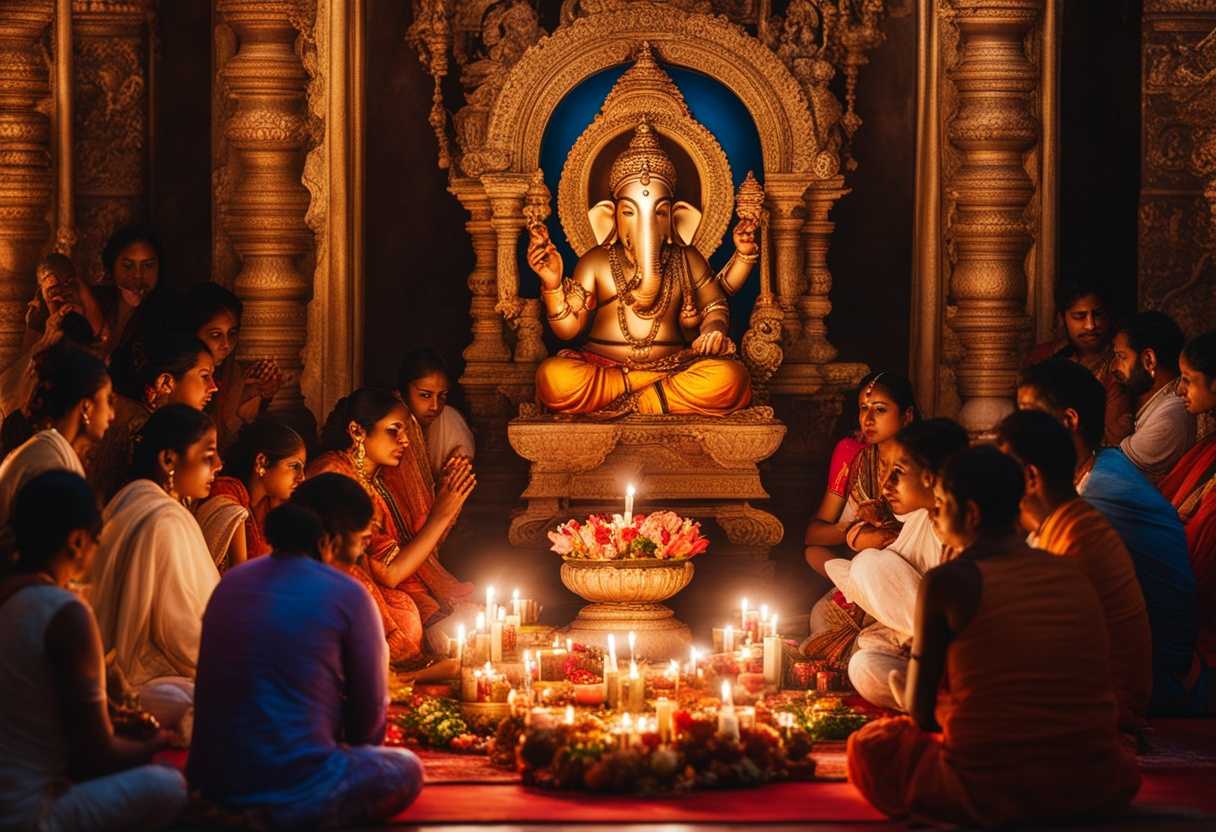 Devotees-in-serene-prayer-vibrant-offerings-flickering-candles-and-intricate-Ganesha-idols_slfn