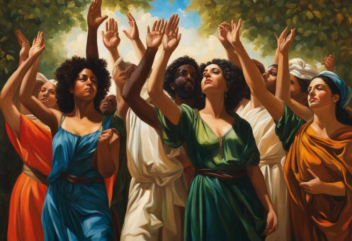 A-diverse-group-stands-united-hands-raised-basking-in-sunlight-amidst-vibrant-greenery_ezry