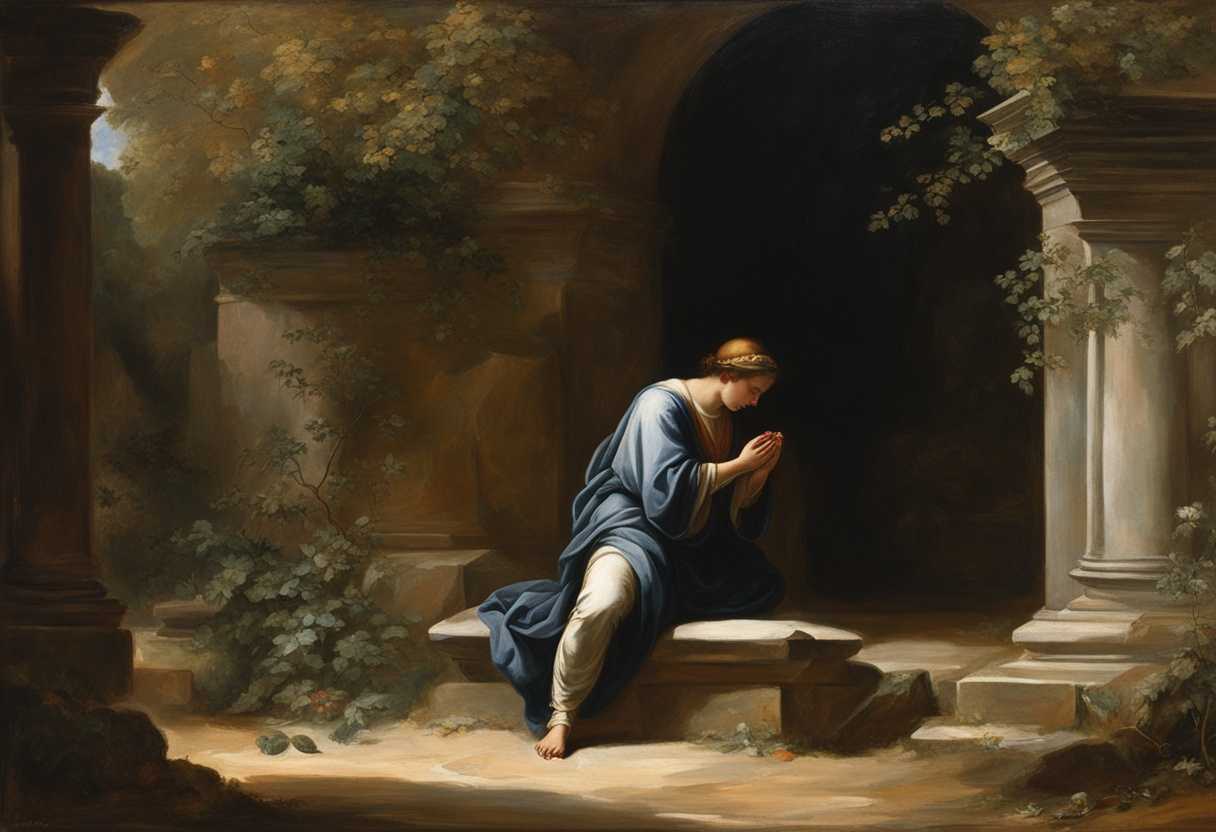 A-solitary-figure-kneels-in-prayer-surrounded-by-ancient-stones-and-vibrant-greenery_qlba