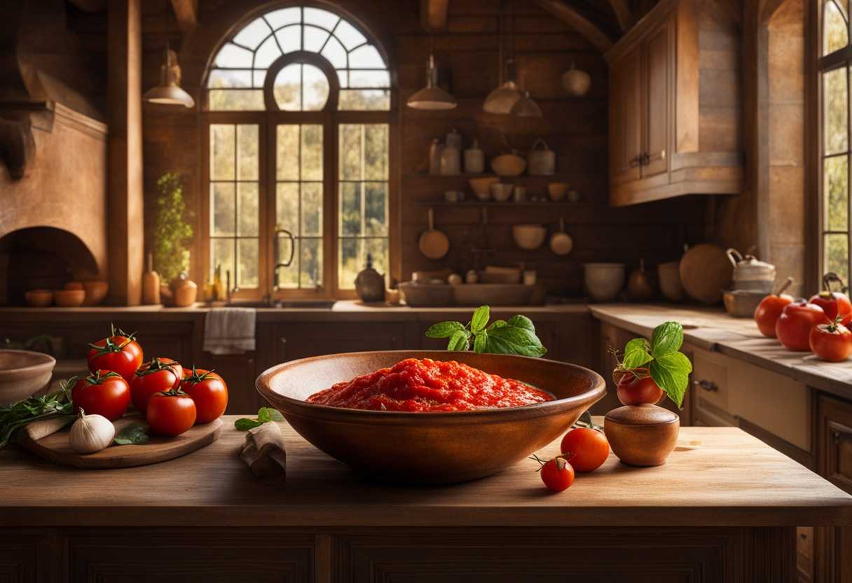 A-rustic-kitchen-bathed-in-warm-light-featuring-a-bowl-of-vibrant-marinara-sauce_mksz