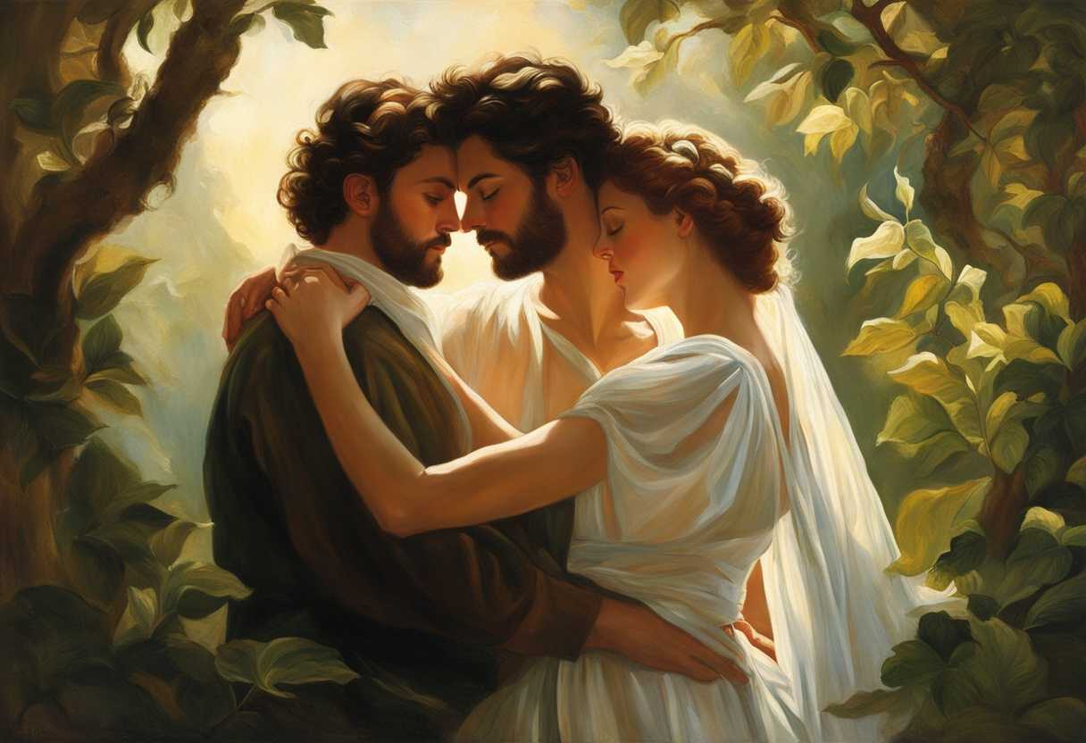 A-couple-gazes-lovingly-intertwined-hands-sunlight-filtering-through-lush-greenery-capturing-devo_xcnw