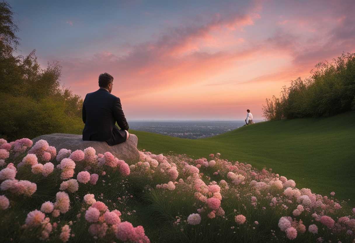 A-person-rests-on-a-grassy-knoll-surrounded-by-blooming-flowers-under-a-pastel-dusk-sky_iwtt