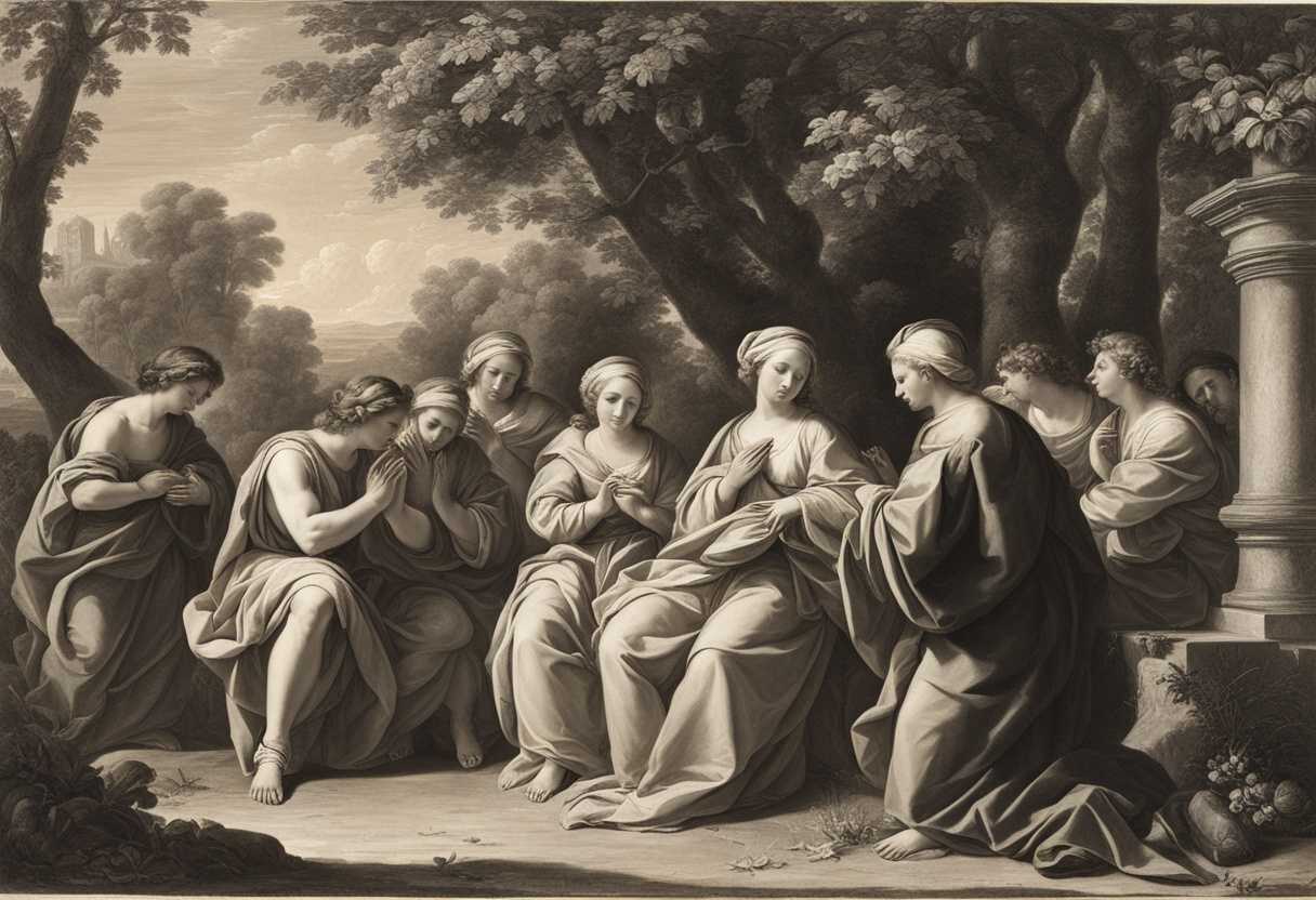A-serene-group-in-prayer-hands-clasped-sunlight-filtering-through-trees-embodying-unity-and-devot_wjwc