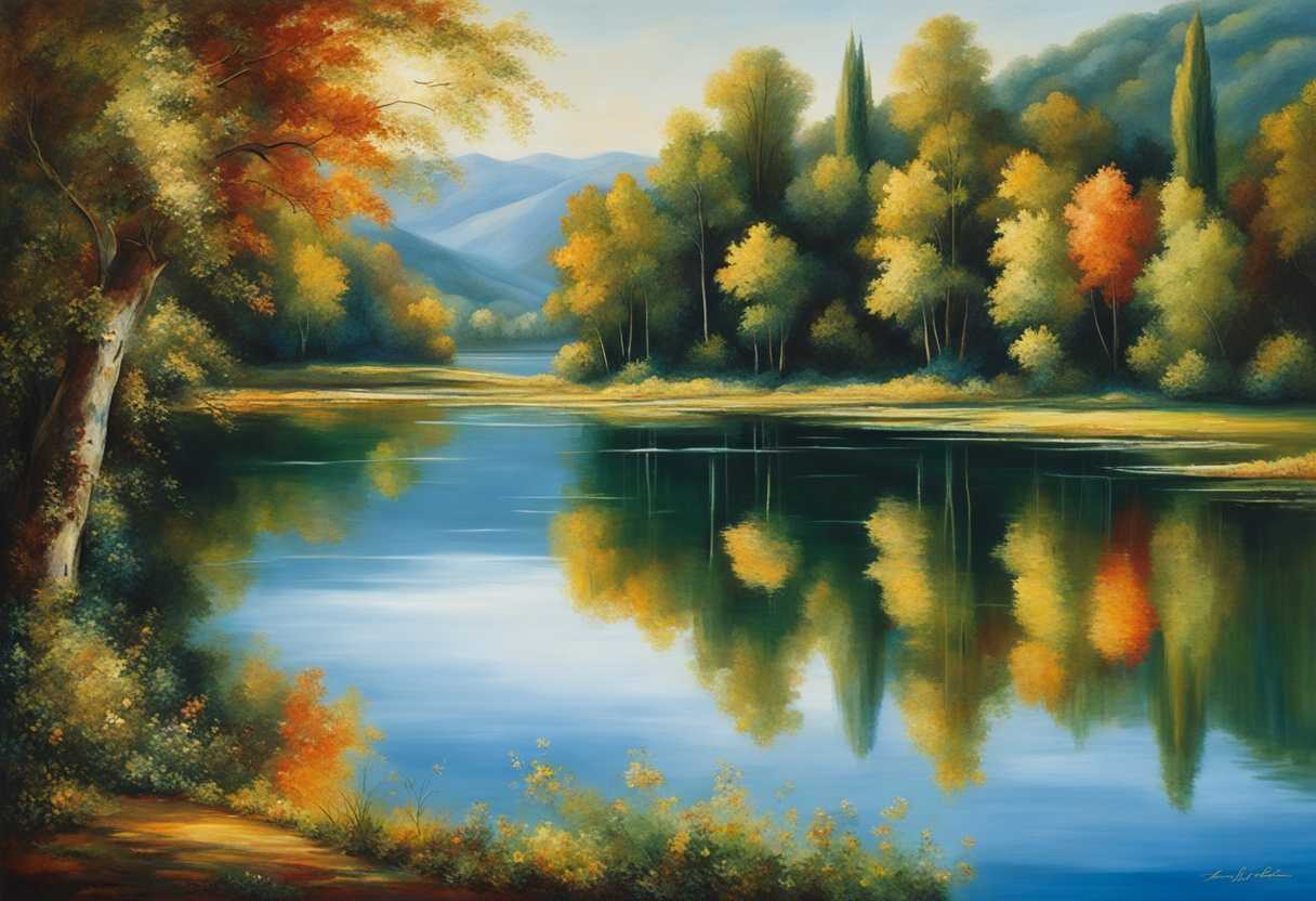 A-tranquil-lake-reflects-vibrant-colors-under-a-clear-blue-sky-surrounded-by-lush-greenery_zvcq