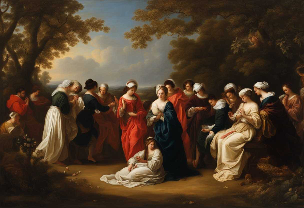 A-serene-gathering-of-individuals-in-vibrant-attire-praying-under-softly-lit-trees_ftfo