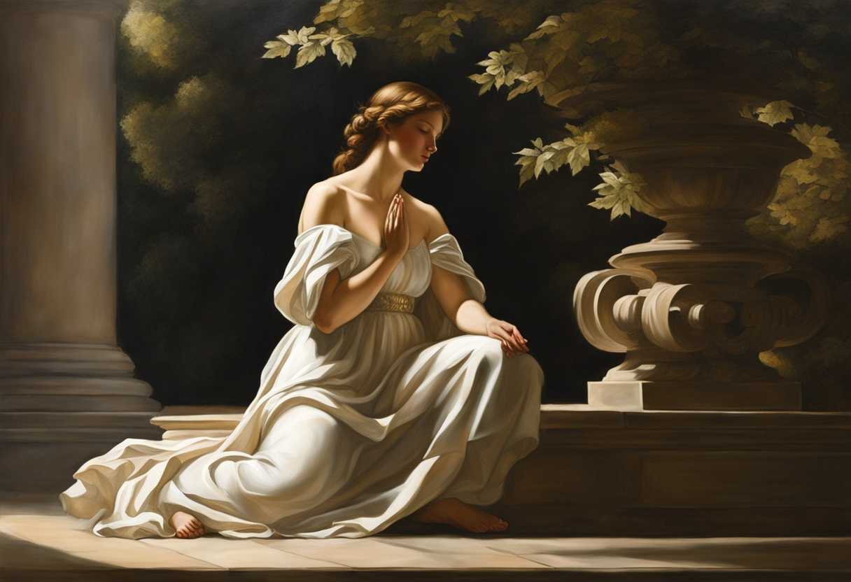 A-serene-figure-kneels-in-prayer-surrounded-by-soft-light-and-lush-greenery_wlmk