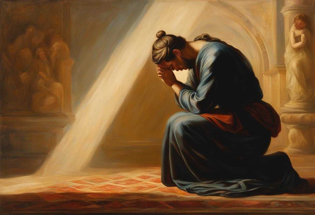 person-praying-kneeling-head-bowed-hands-clasped-soft-lighting-warm-glow-peace-serenity-vuln