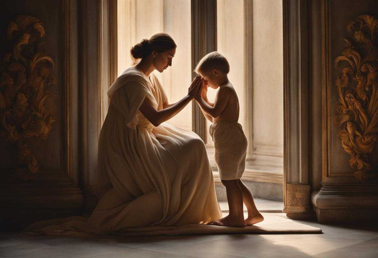 mother-and-son-prayer-solemn-reverence-soft-light-gentle-glow-clasped-hands-serene-moment-int