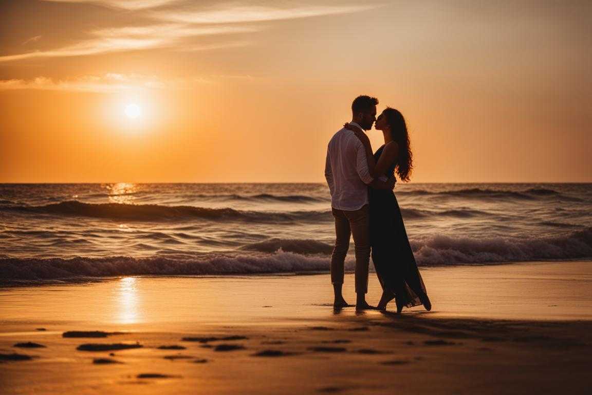 romantic-couple-enjoying-sunset-on-serene-beach-golden-light-natural-poses-timeless-silhouettes-