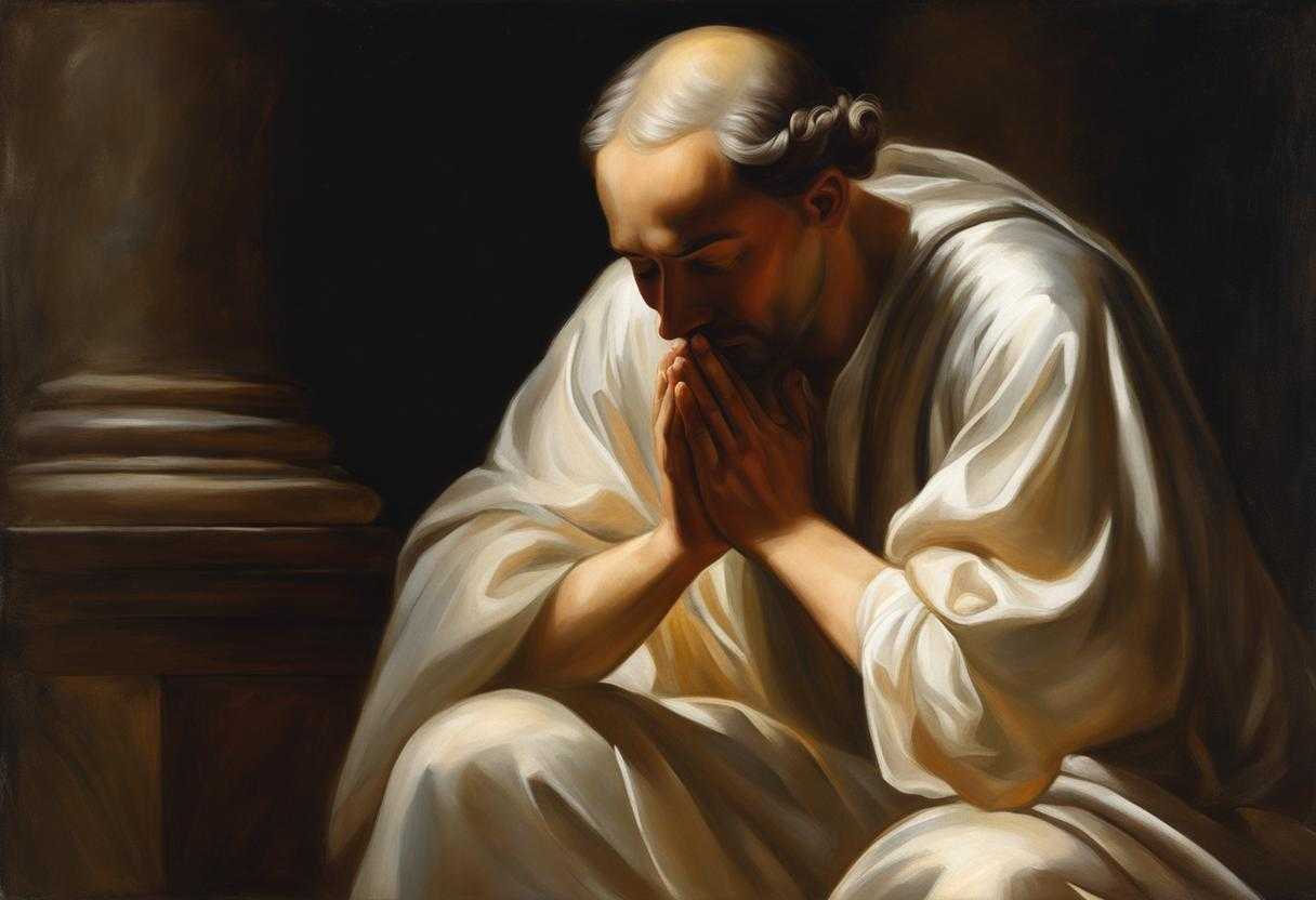 person-praying-kneeling-hands-clasped-head-bowed-soft-light-serene-atmosphere-peaceful-surren