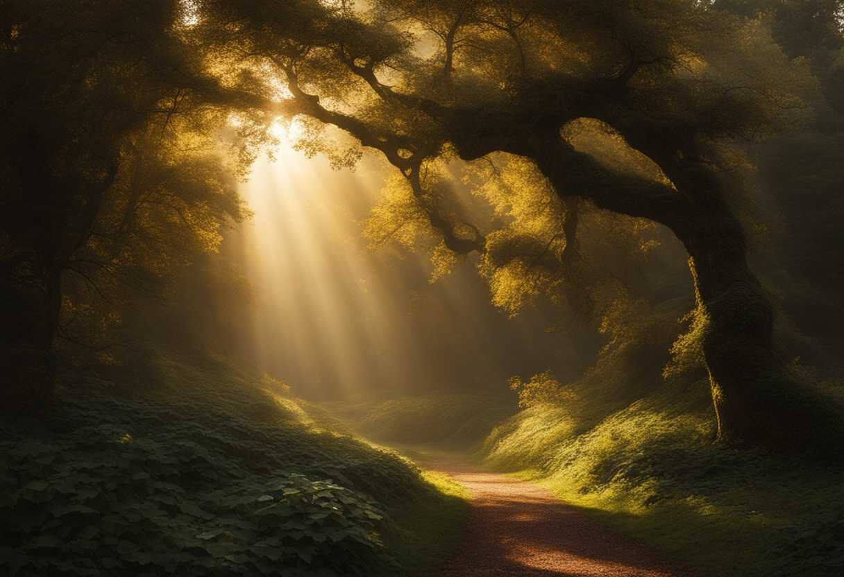 A-radiant-beam-piercing-through-dark-foliage-illuminating-hidden-paths-ethereal-glow-serene-atmos_lkat
