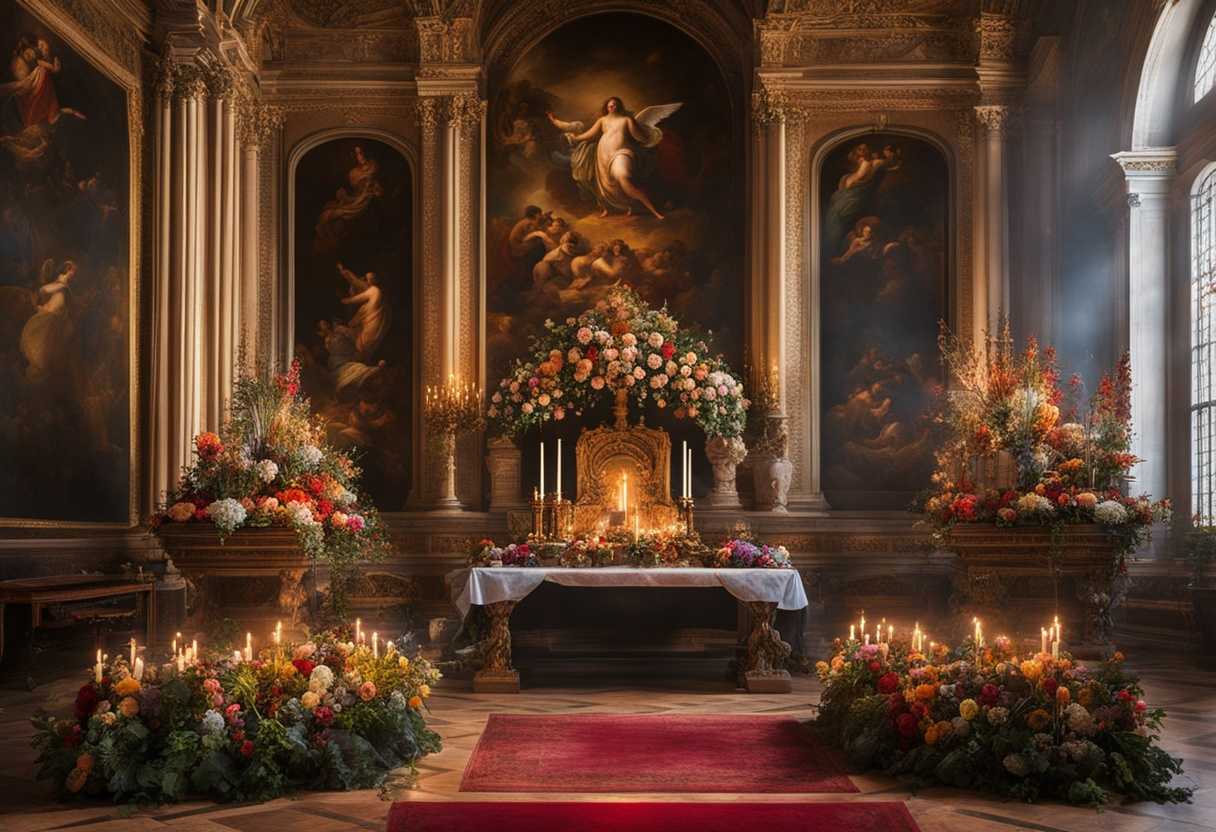 Sacred-altar-adorned-with-flowers-incense-smoke-rising-devotees-in-prayer-serene-atmosphere-vibr_bbjr