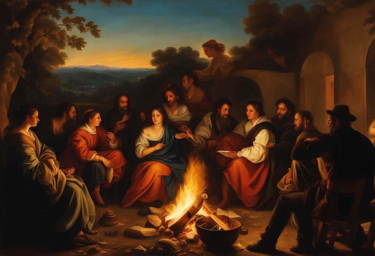 Diverse-people-sharing-stories-around-a-vibrant-campfire-illuminated-faces-cultural-artifacts-war_hklj