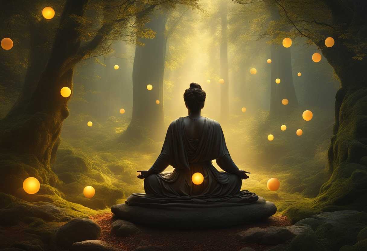 A-serene-figure-meditating-in-a-tranquil-forest-surrounded-by-vibrant-glowing-orbs-of-light_icck