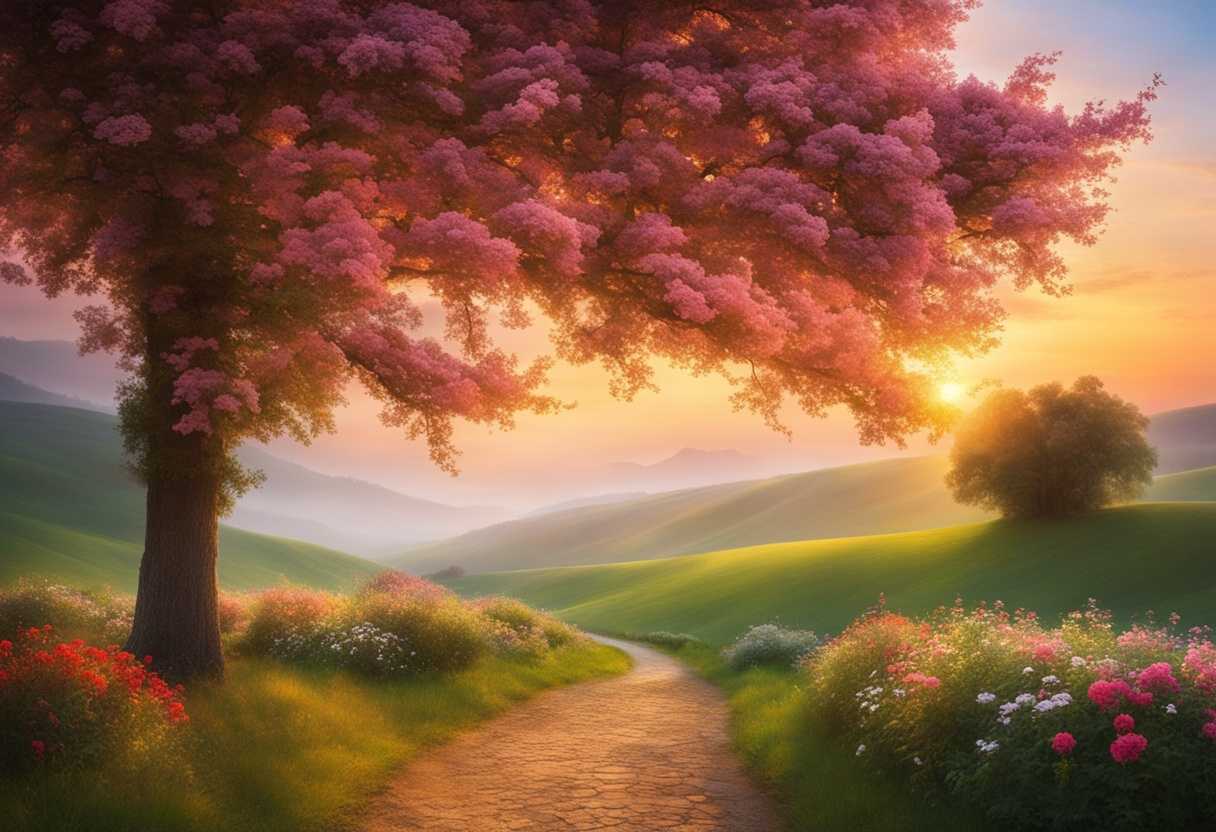 Serene-landscape-at-dawn-vibrant-flowers-blooming-gentle-sunlight-peaceful-atmosphere-hopeful-en_nayz