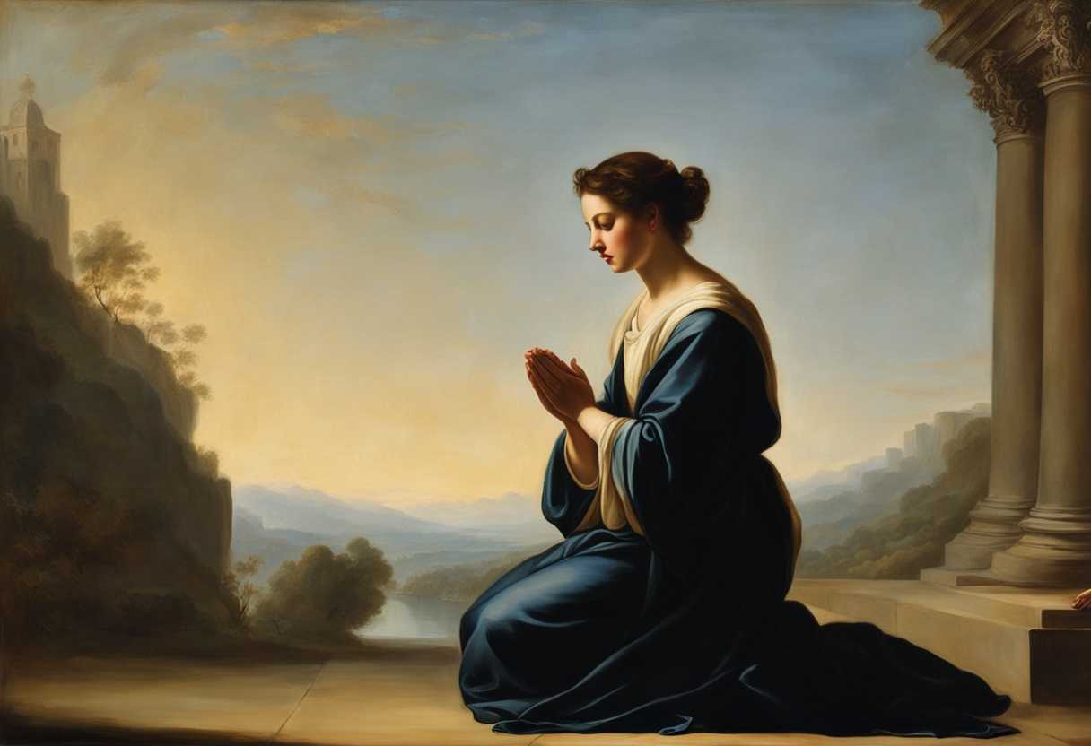 Devout-individual-kneeling-in-prayer-soft-light-illuminating-their-face-serene-atmosphere-deep-fo_gofz