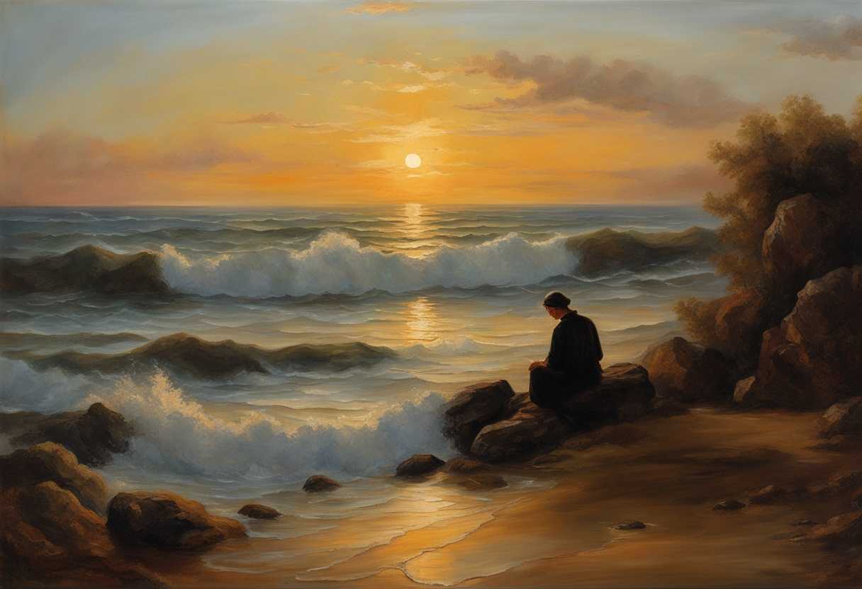 Serene-landscape-at-sunset-gentle-waves-lapping-a-figure-meditating-tranquility-enveloping-the-sc_vgyw