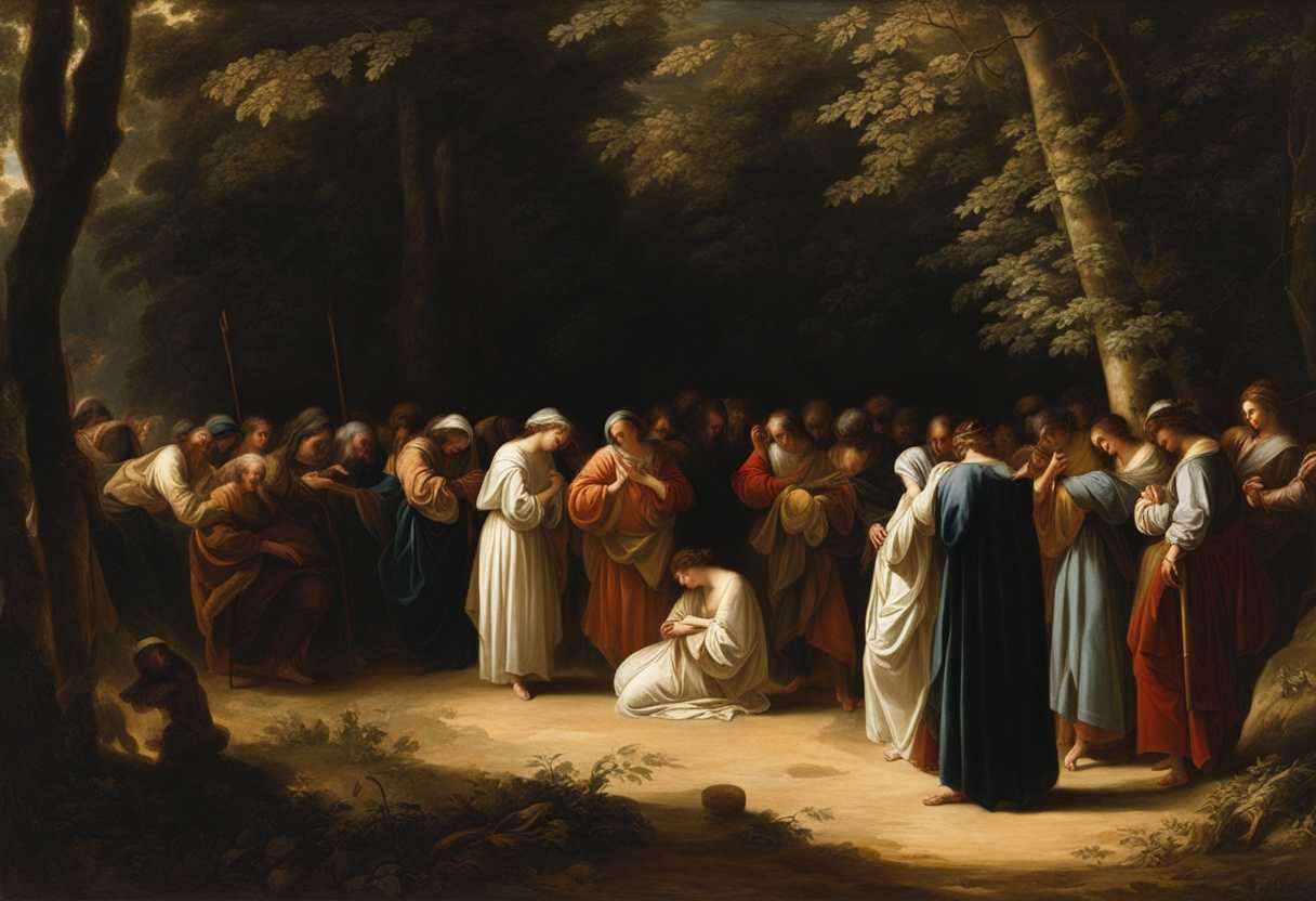 People-gather-in-a-peaceful-forest-clearing-heads-bowed-in-prayer-under-gentle-sunlight_xgyw