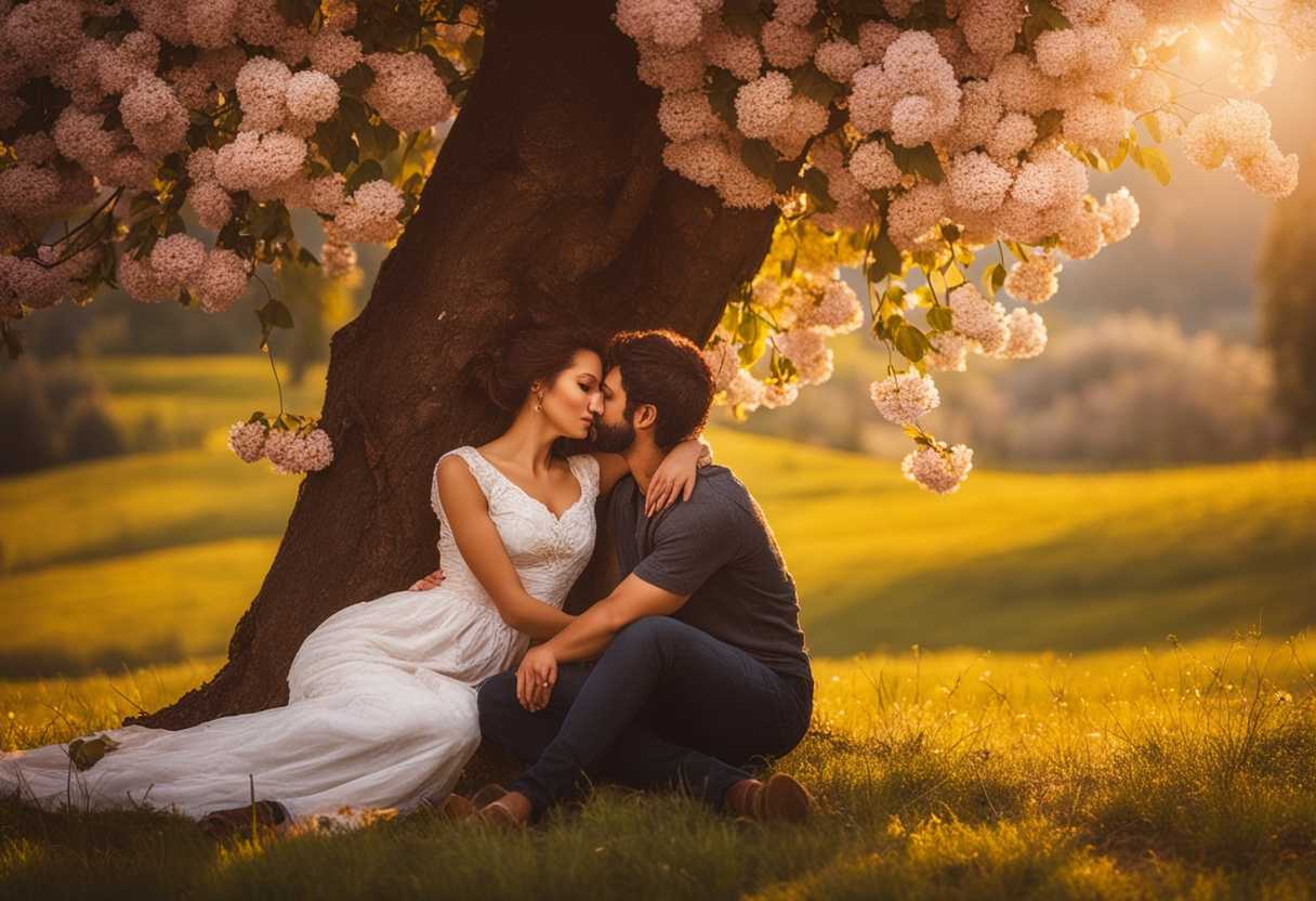 Two-friends-embracing-under-a-blooming-tree-warm-sunlight-vibrant-colors-serene-atmosphere-deep-_vujc