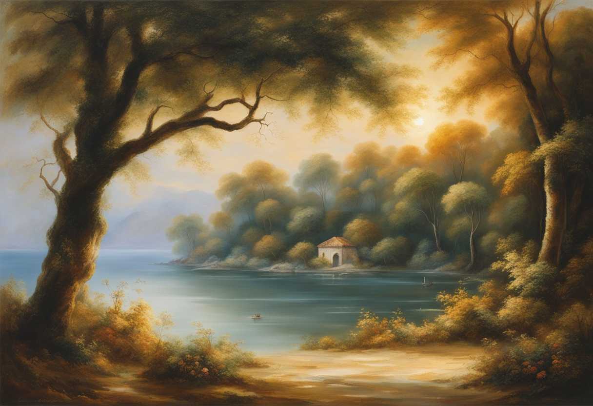 Serene-landscape-gentle-waves-lapping-at-the-shore-soft-sunlight-filtering-through-trees-tranquil_rkwh
