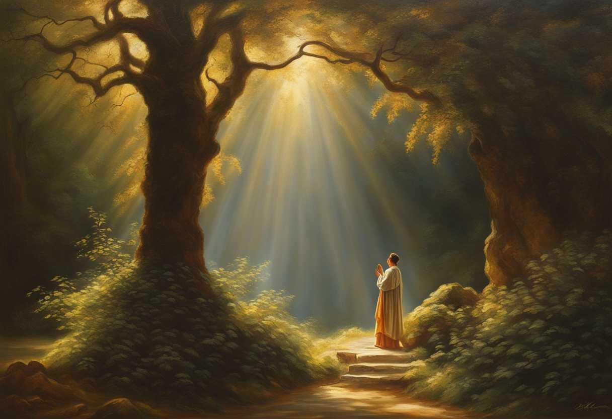Tranquil-landscape-soft-sunlight-filtering-through-trees-peaceful-figure-in-prayer-divine-presenc_acgs
