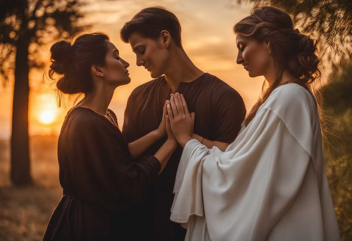 Friends-embrace-in-prayer-at-sunset-radiating-love-and-support-in-candid-peaceful-moment_uewu