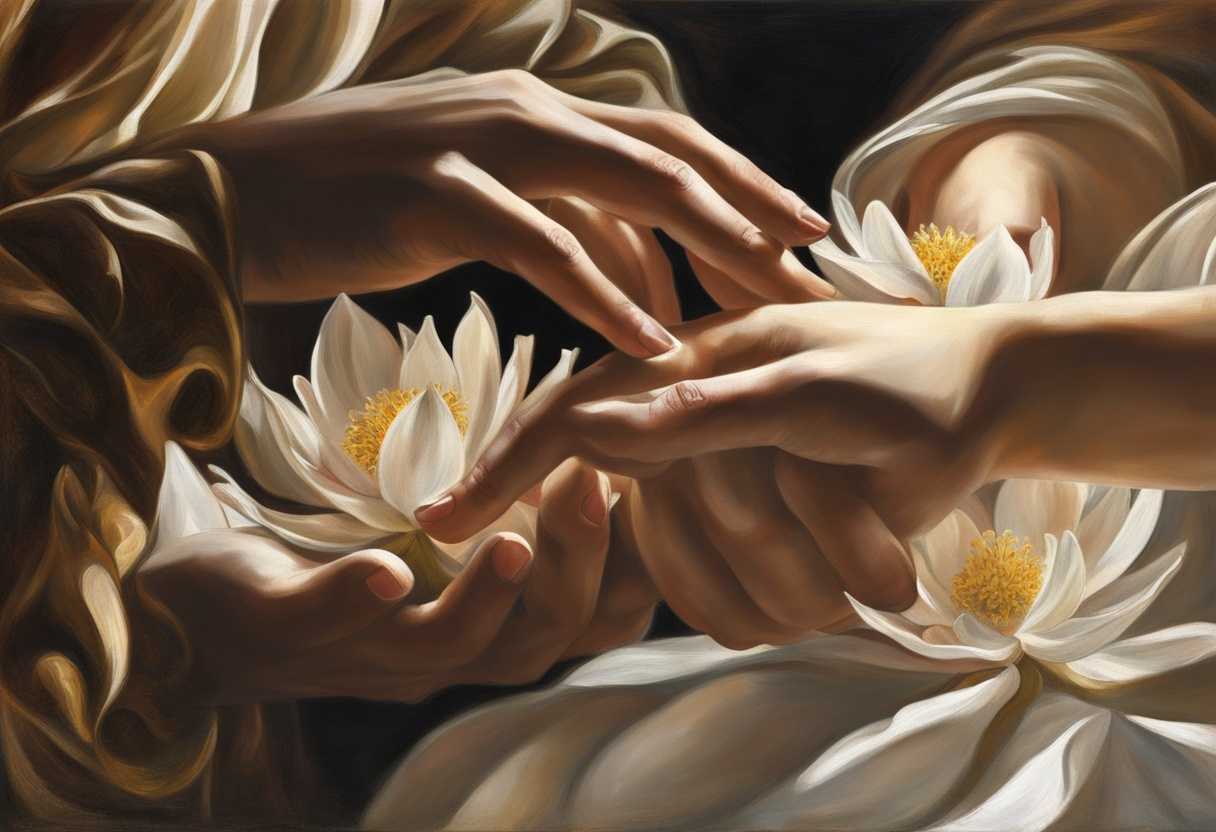 Gentle-hands-nurturing-a-fragile-flower-sunlight-filtering-through-warmth-and-compassion-radiating_hzud