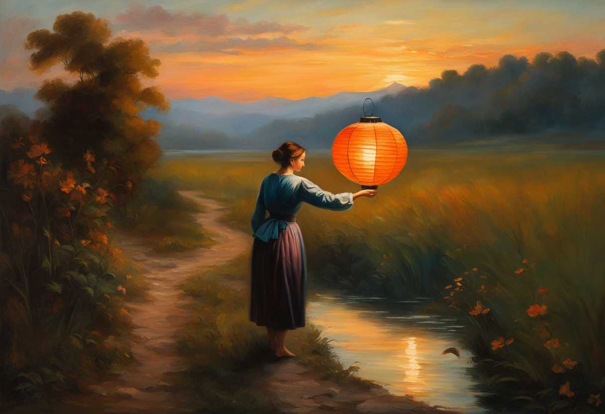 A-serene-landscape-at-dawn-vibrant-colors-a-person-releasing-a-paper-lantern-symbolizing-hope_dlel