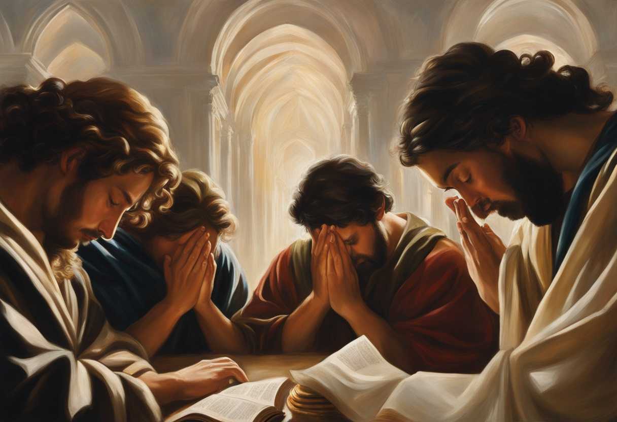 A-diverse-group-prays-together-heads-bowed-hands-clasped-bathed-in-a-serene-light_dnmv