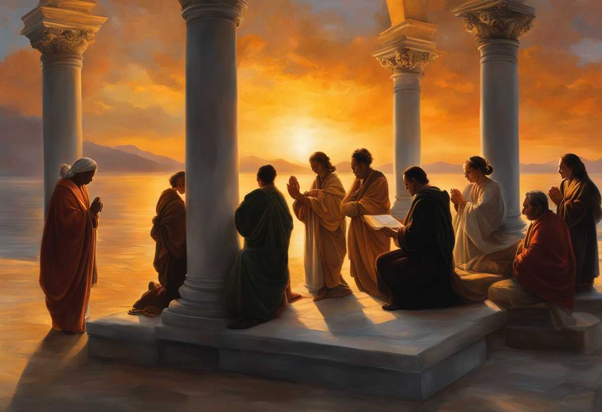 A-diverse-group-of-travelers-gather-in-prayer-at-sunset-seeking-divine-guidance-and-unity_vcuo