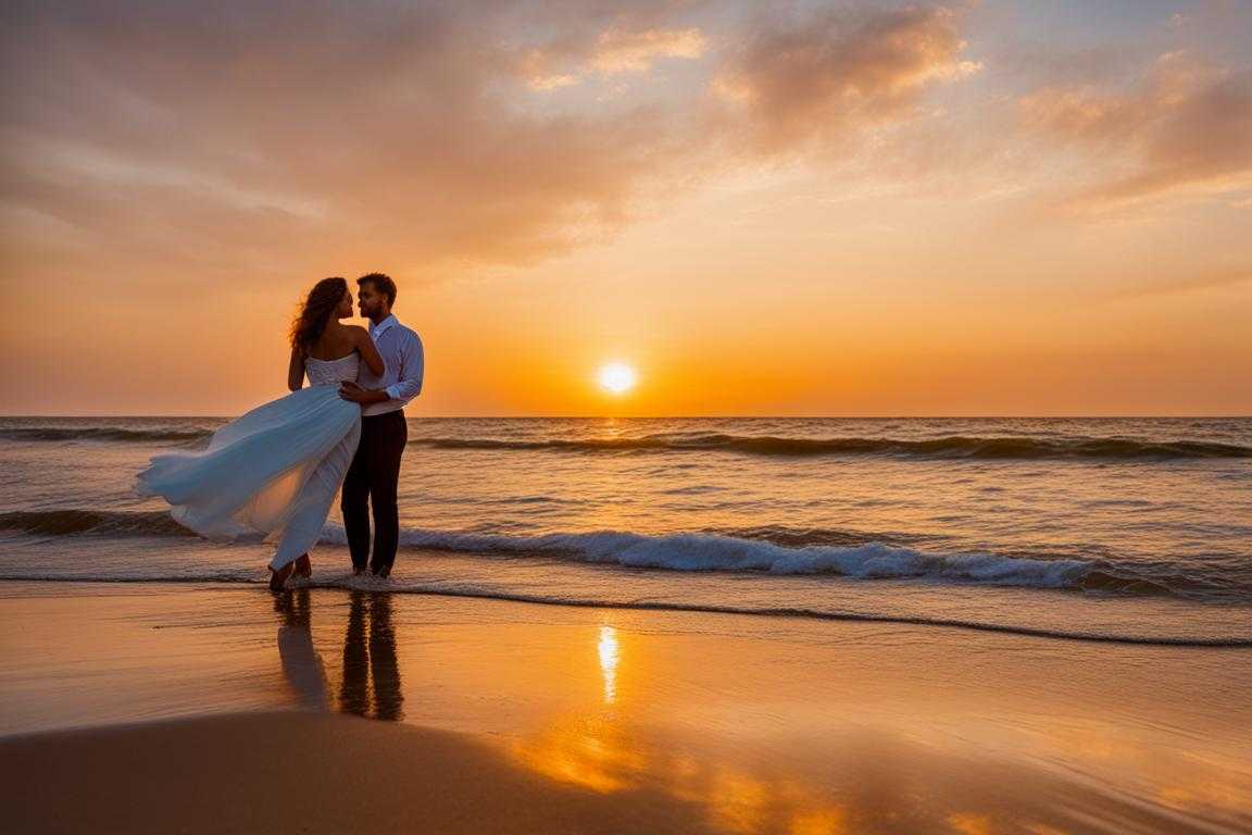 couple-standing-on-beach-at-sunset-vibrant-hues-of-setting-sun-gentle-breeze-tousles-hair-intimac
