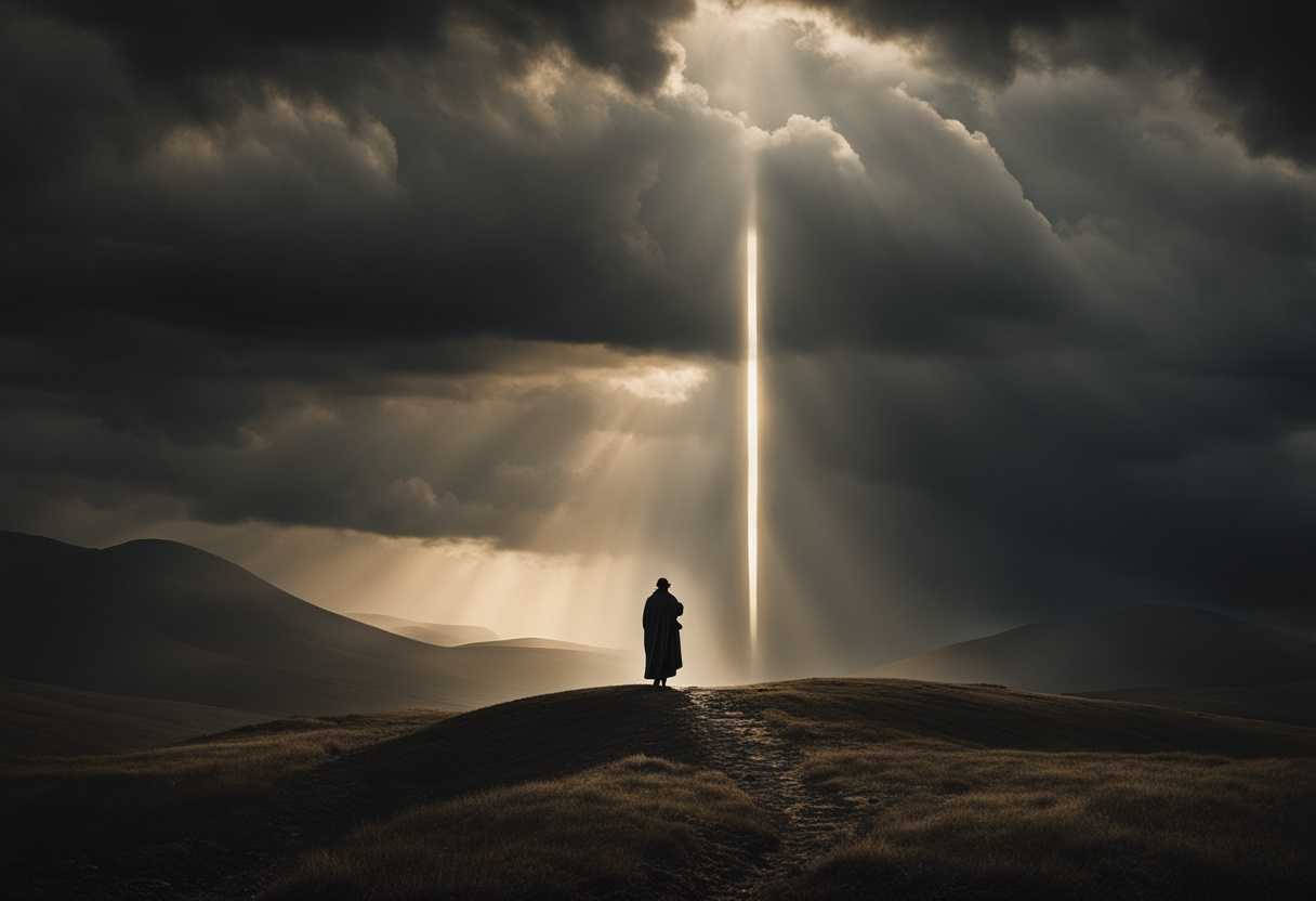 A-lone-figure-standing-at-a-crossroads-light-breaking-through-dark-clouds-hopeful-expression_cpqg