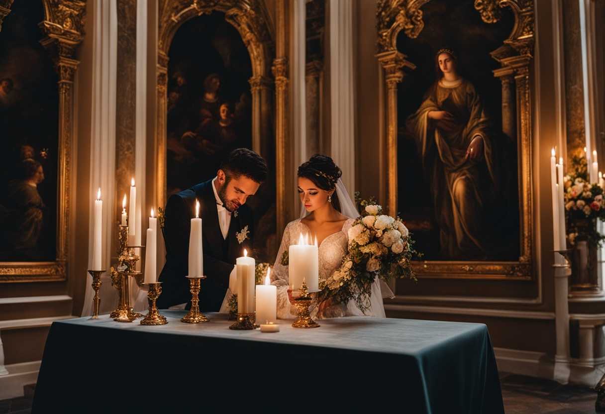 Renewing-vows-in-a-candlelit-ceremony-with-a-religious-figure-symbolizing-commitment-love-and-dev_akse