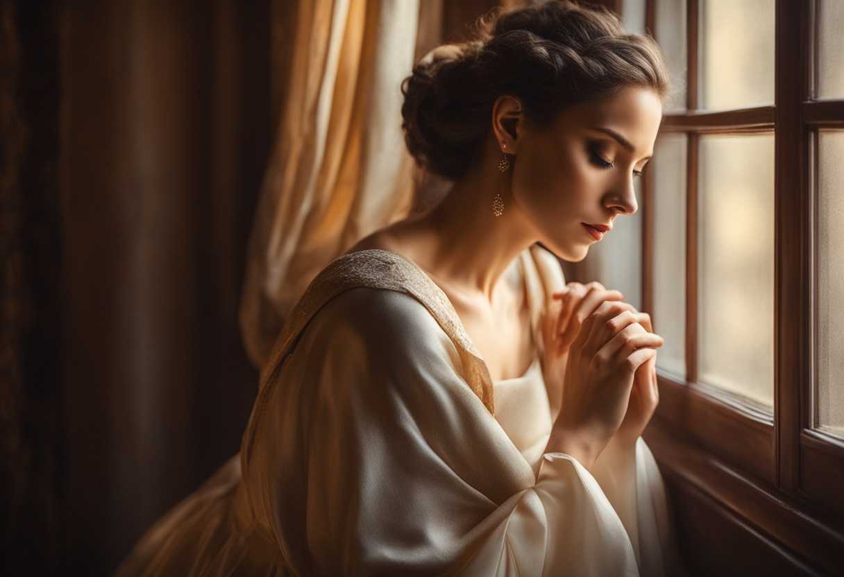 A-serene-woman-praying-by-a-window-soft-light-gentle-expression-longing-peaceful-atmosphere-war_axsy