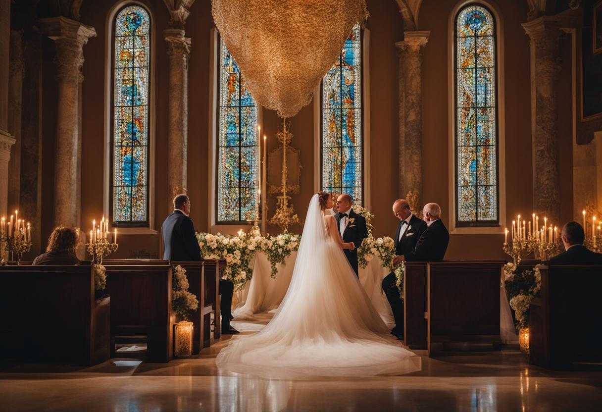couple-at-wedding-ceremony-altar-prayer-unity-devotion-stained-glass-windows-warm-glow-solemn