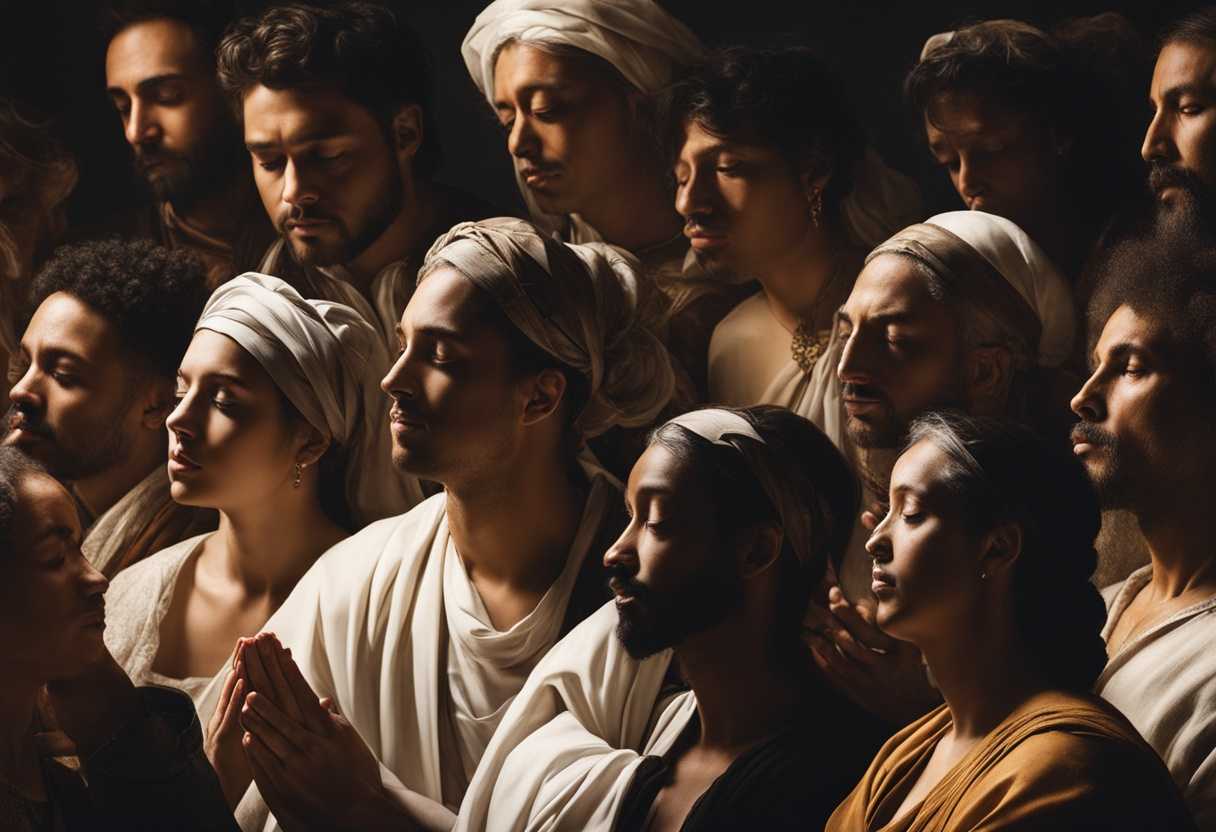 A-diverse-group-of-individuals-pray-together-their-faces-illuminated-by-soft-light_slsb