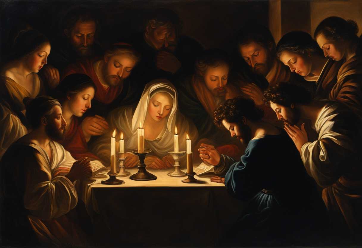 A-candlelit-gathering-heads-bowed-in-prayer-seeking-strength-and-protection-together_ksje