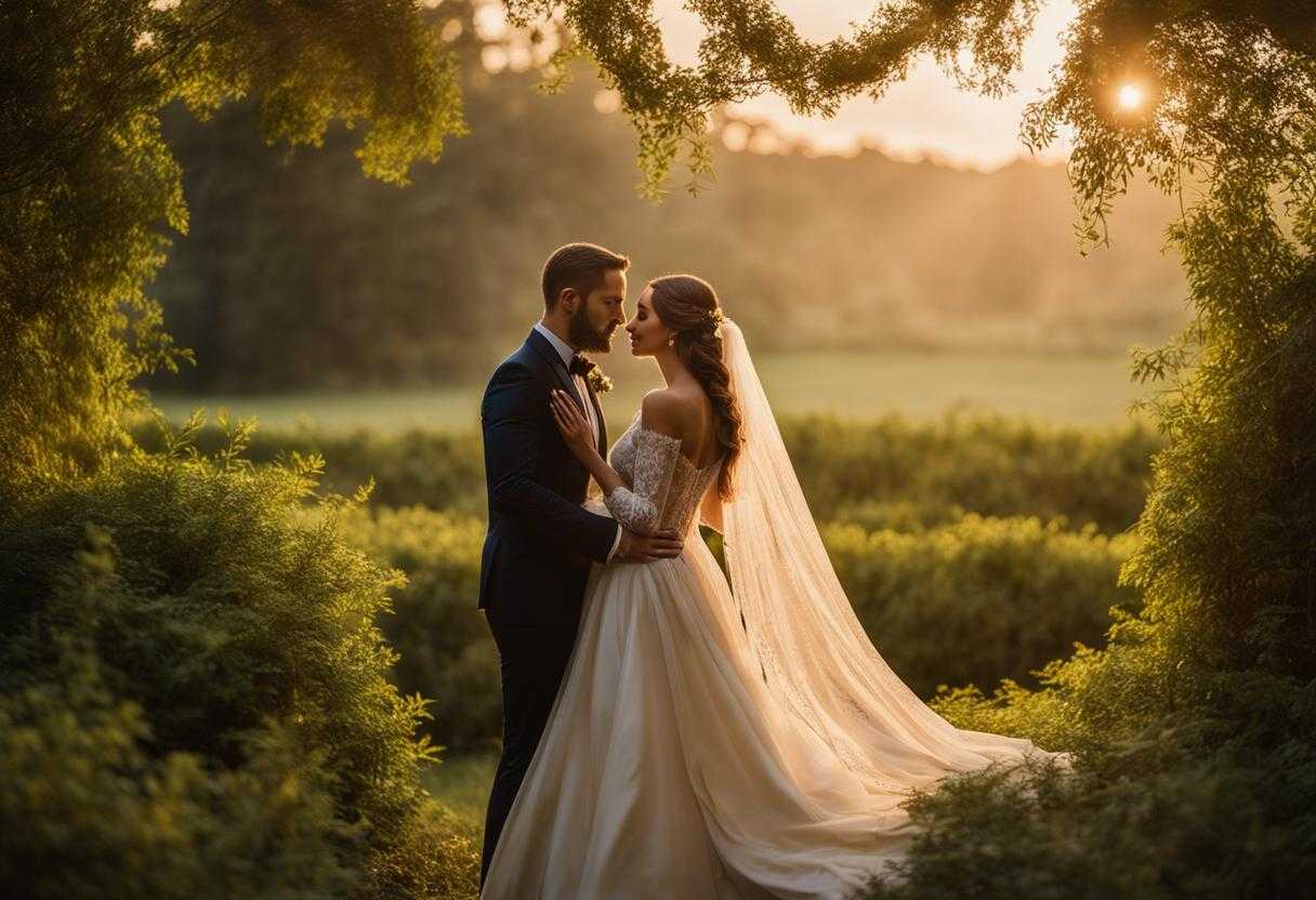 bride-and-groom-standing-facing-each-other-soft-golden-light-clasped-hands-closed-eyes-solemnity