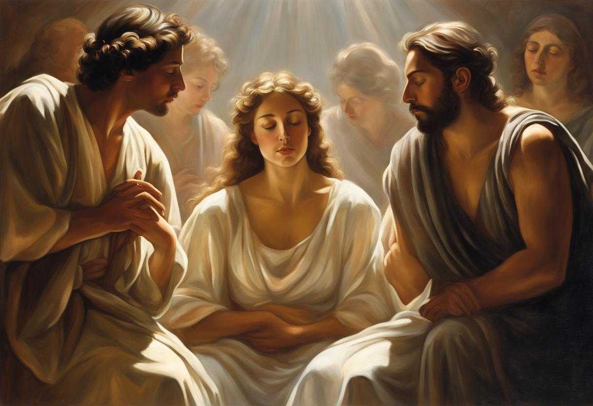 group-of-people-with-closed-eyes-clasped-hands-serene-expressions-standing-in-a-circle-bathed-in