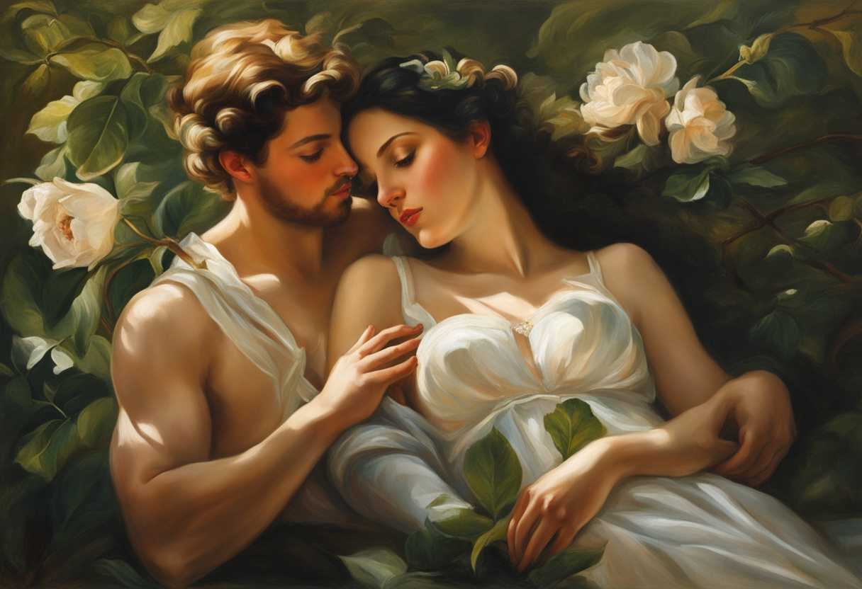 A-couple-entwined-in-love-basking-in-soft-sunlight-amidst-blooming-greenery_tsax