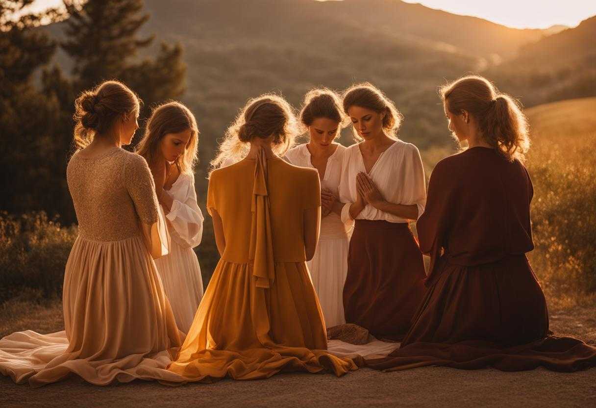 group-of-people-praying-together-warm-golden-light-setting-sun-soft-glow-circle-heads-bowed-in-_pbab
