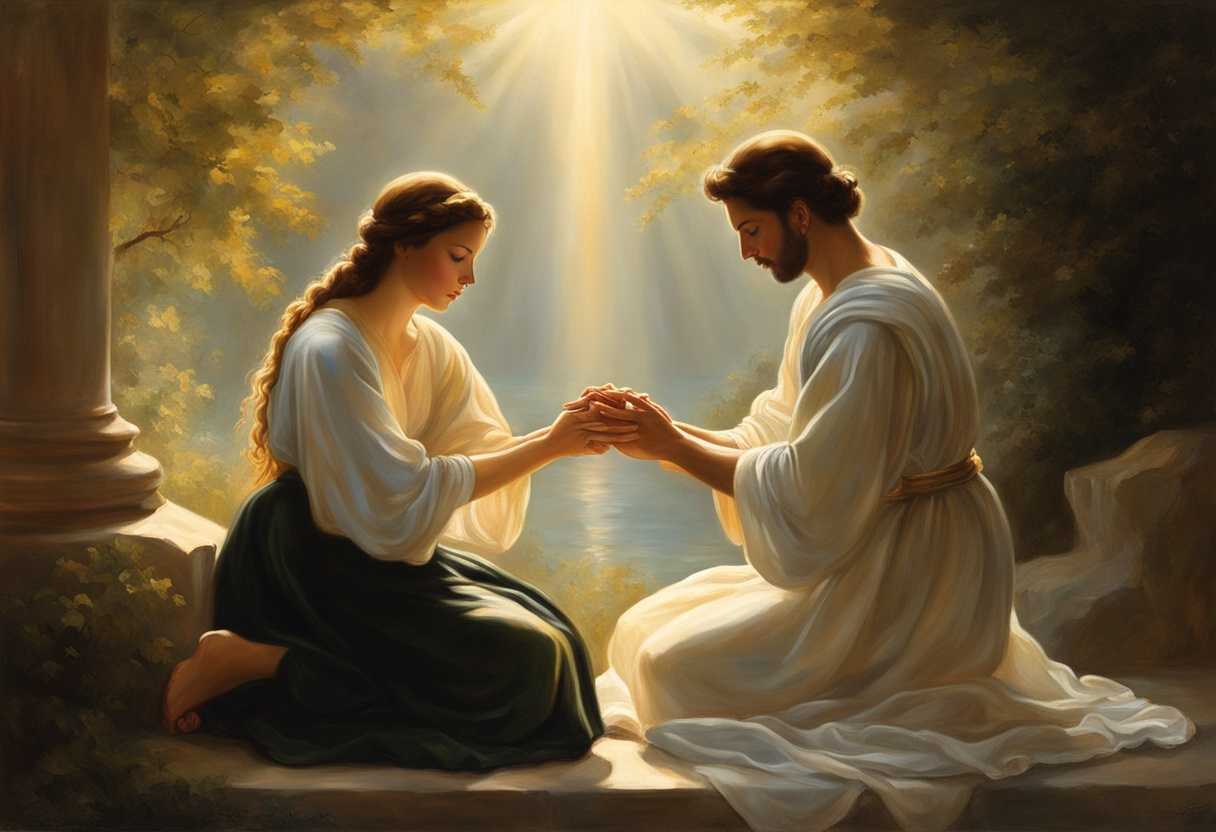 A-couple-in-prayer-hands-clasped-surrounded-by-soft-sunlight-and-nature's-tranquility_hkec